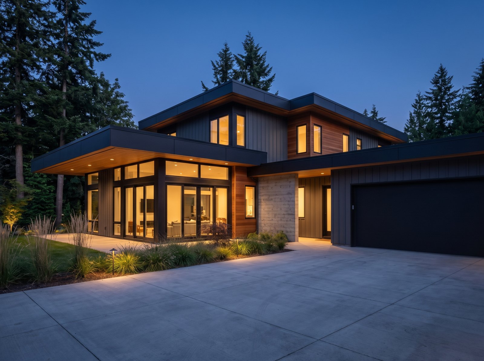 Low-slope membrane roof on a modern cedar and charcoal Pacific Northwest home at dusk