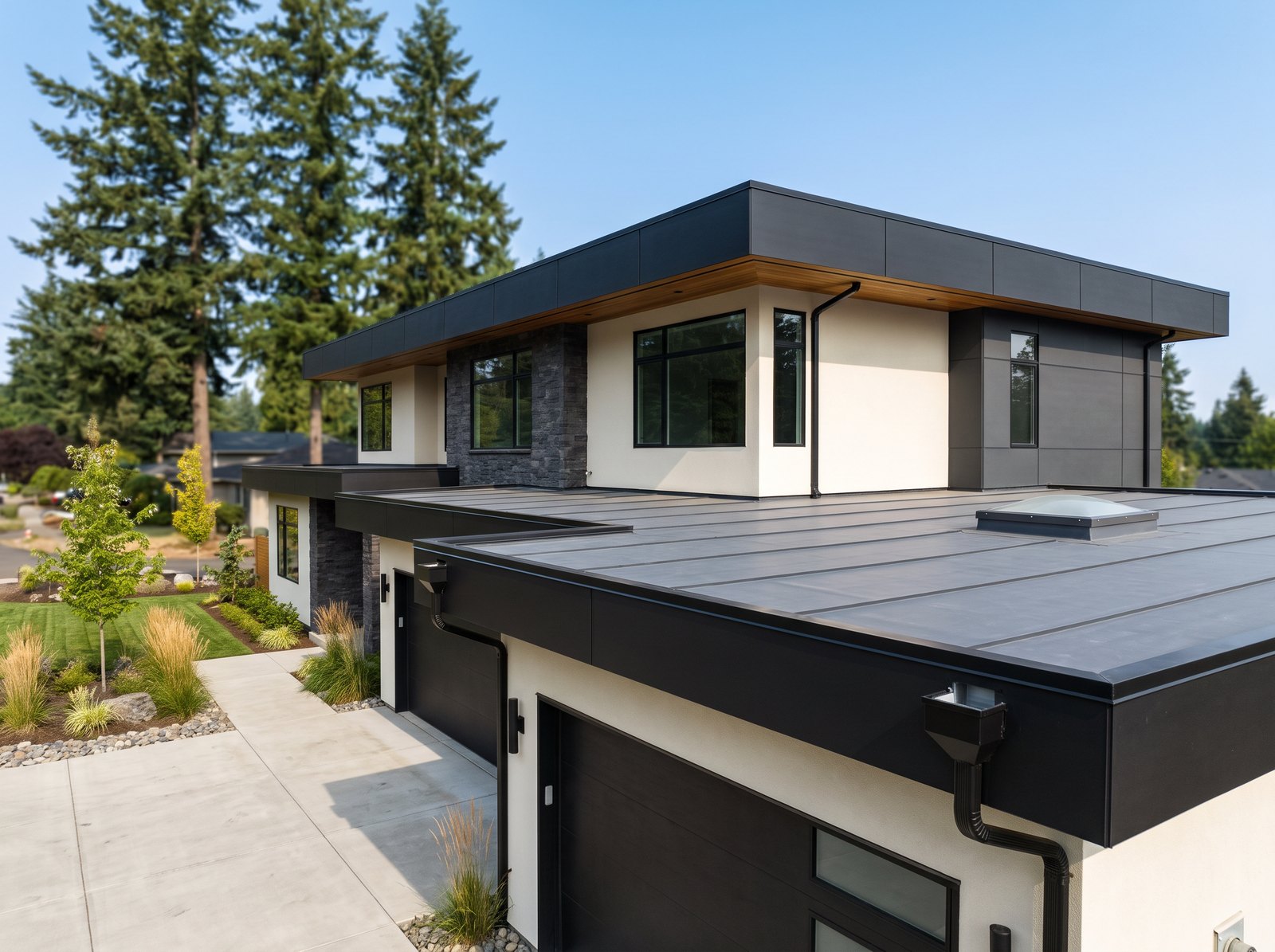 Charcoal TPO membrane roof with welded seams and parapet coping on a modern Seattle home