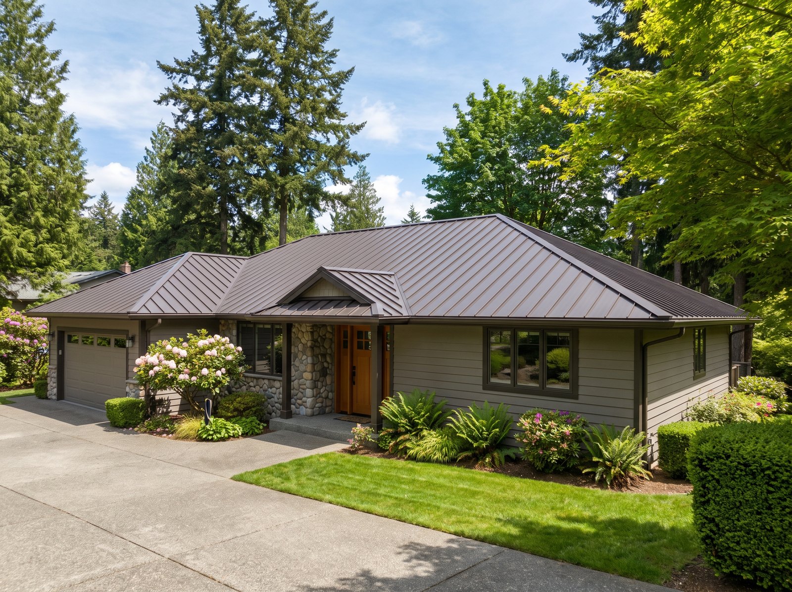 Dark bronze standing seam metal roof on a Pacific Northwest rambler with river-rock stone, seen from the driveway