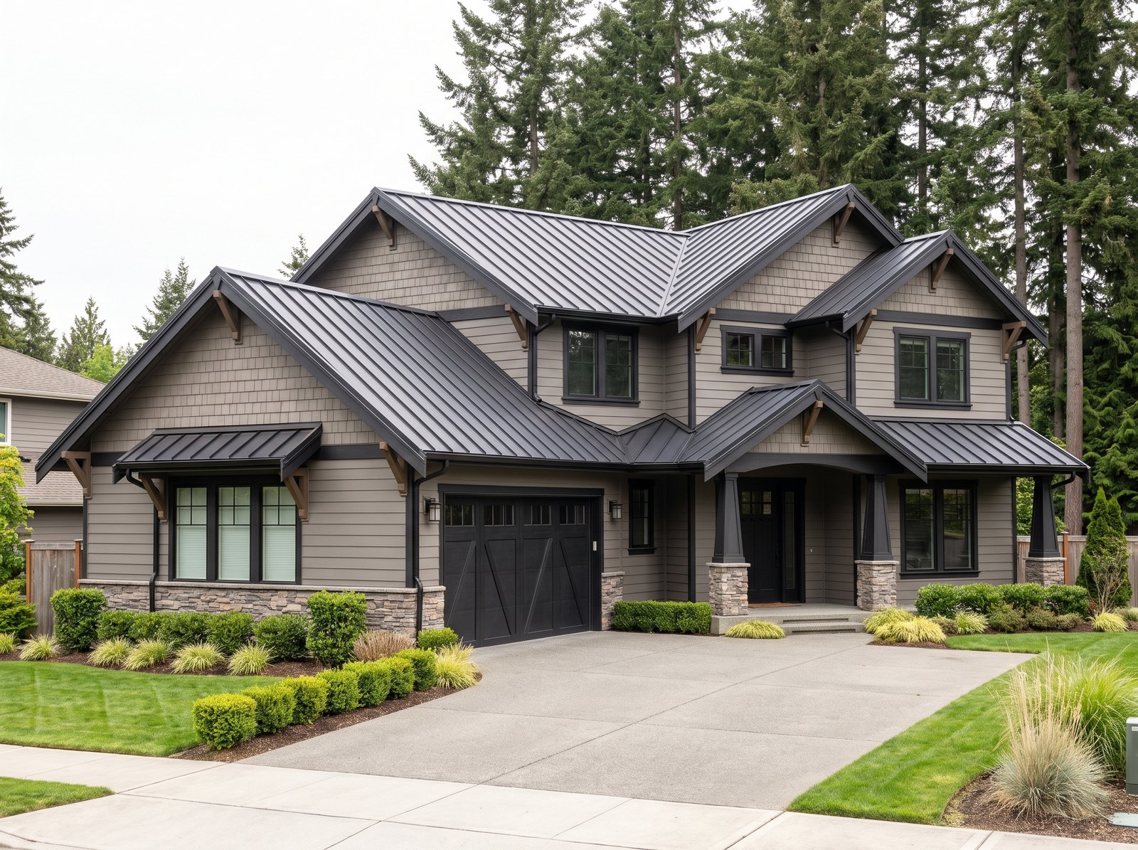 Charcoal standing seam metal roof on a gray Northwest craftsman with stone veneer, seen from the driveway