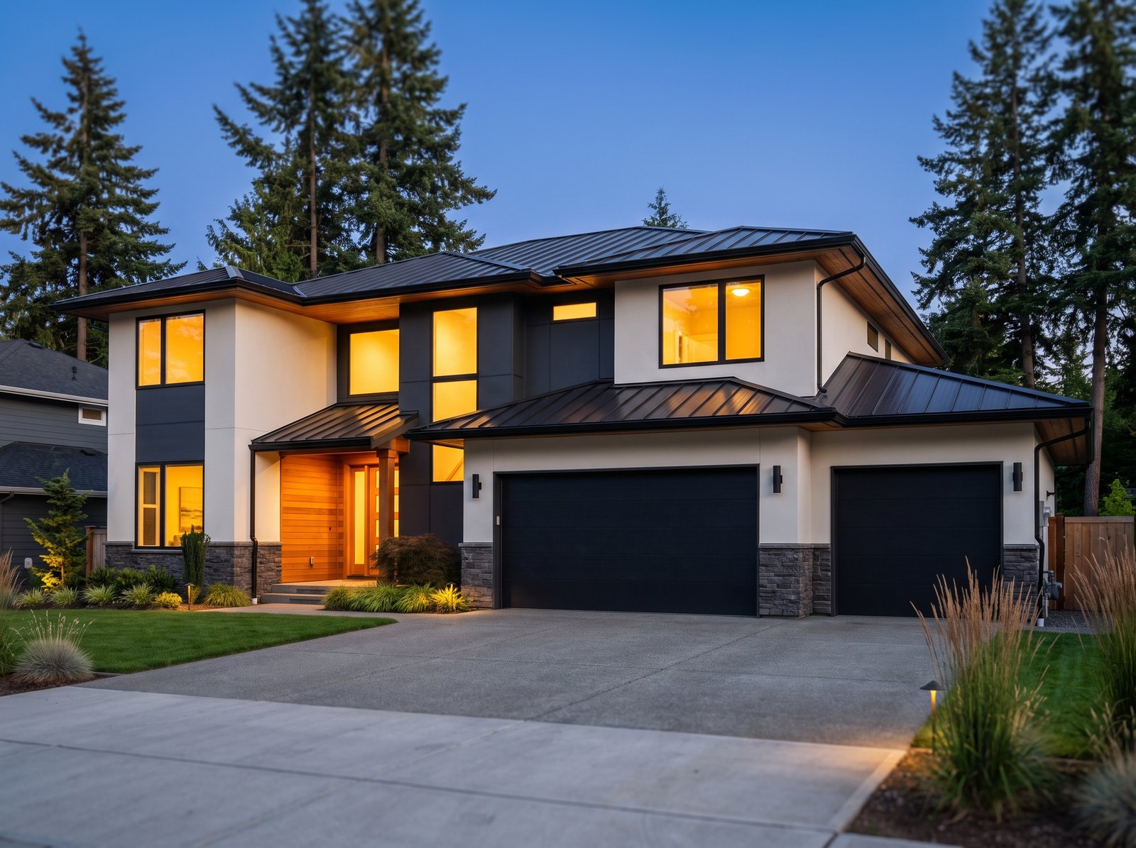 Matte black standing seam metal roof on a modern stucco and wood Seattle home, seen from the driveway at dusk