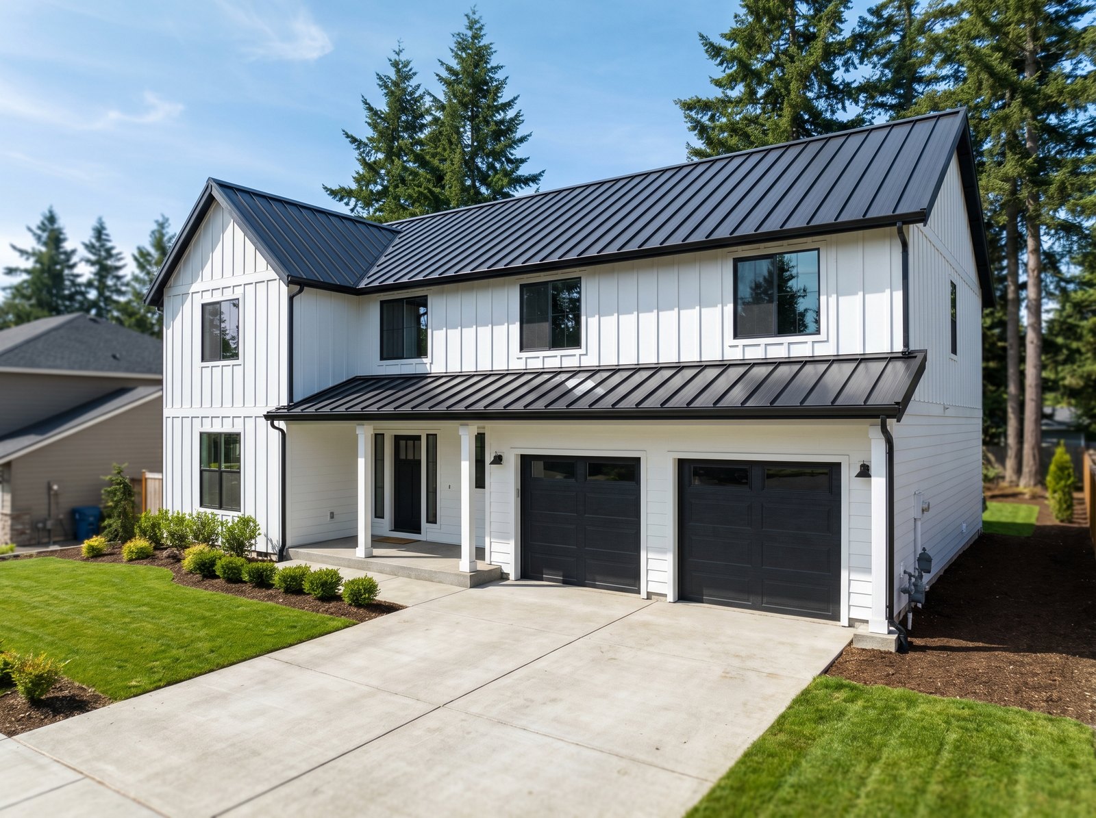 Matte black standing seam metal roof on a white board-and-batten modern farmhouse, seen from the driveway