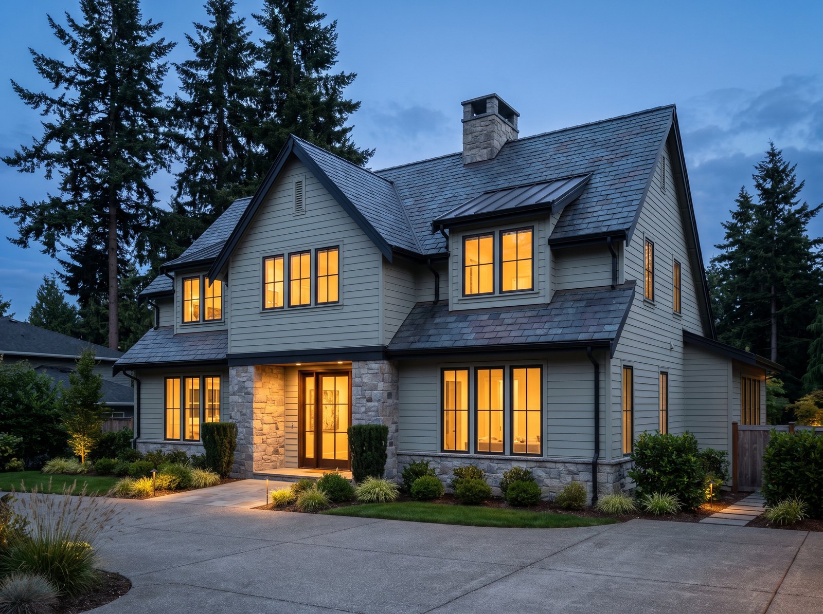Natural slate roof on a gray-green two-story home with stone veneer, seen from the driveway at dusk