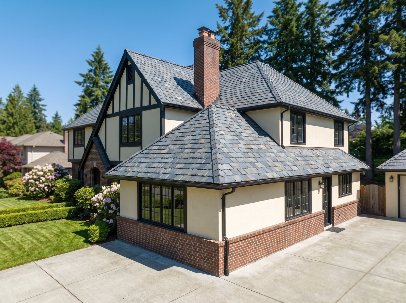 Natural blue-gray slate roof on a Tudor-style Seattle home with brick wainscot, seen from the driveway