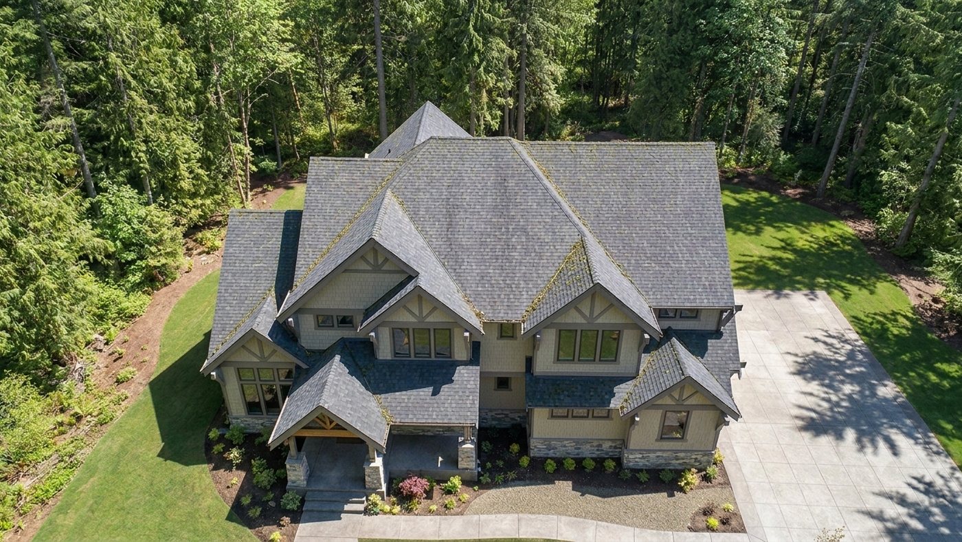 The same home before, with a worn moss-covered roof