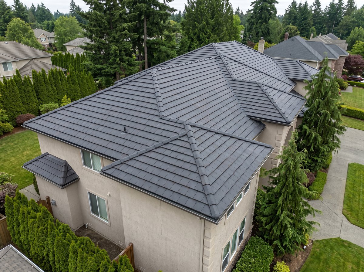Charcoal flat-profile concrete tile roof on a two-story stucco home