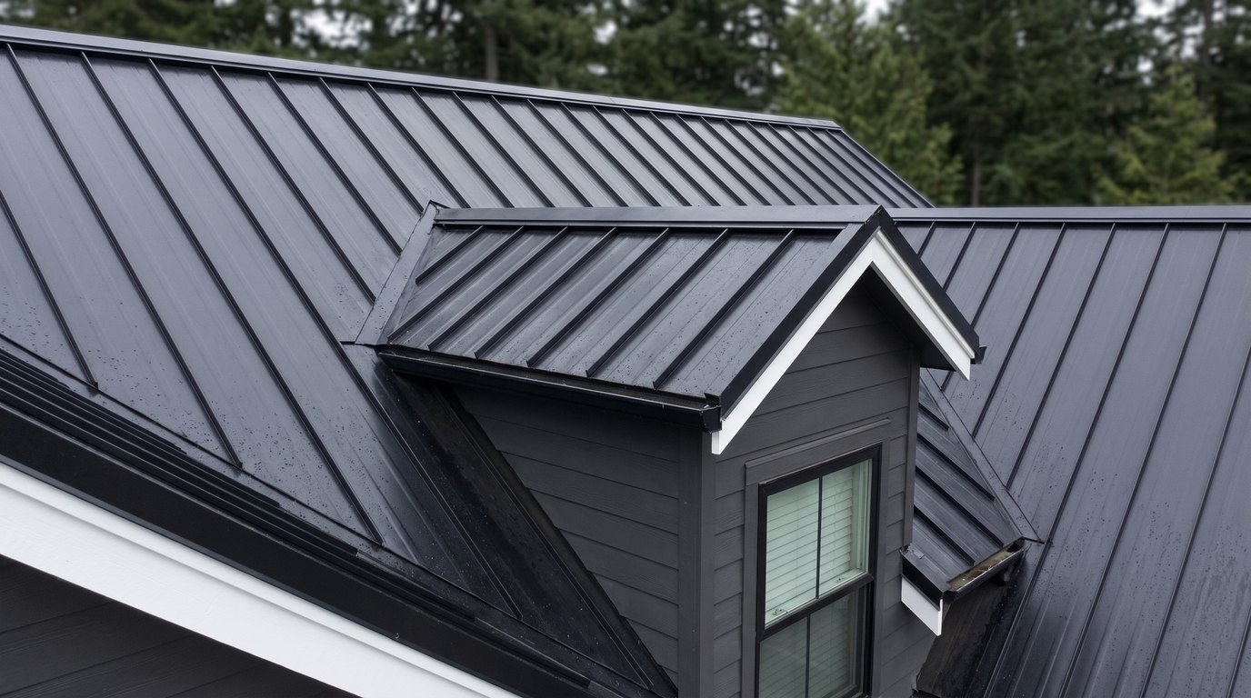 Black standing seam metal wrapping a dormer with sidewall flashing