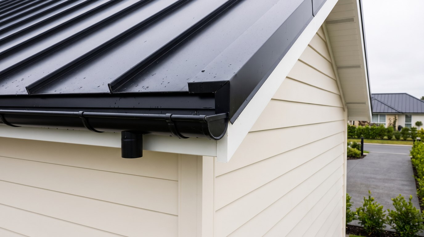 Black standing seam panel ends meeting the gutter at the eave