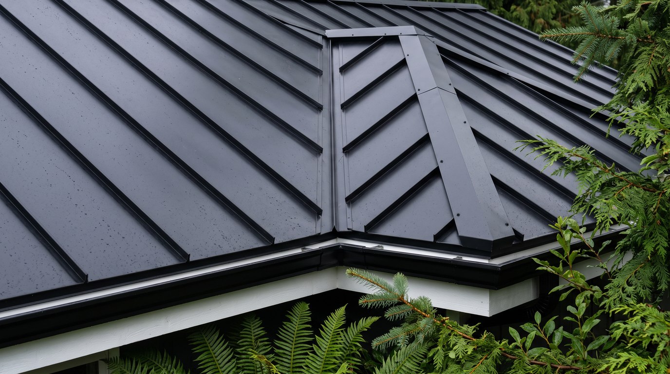 Close aerial of the ridge on a charcoal standing seam metal roof