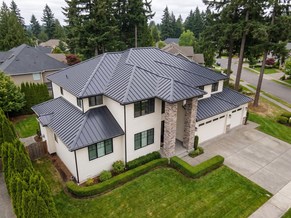 Aerial view of a completed standing seam metal roof