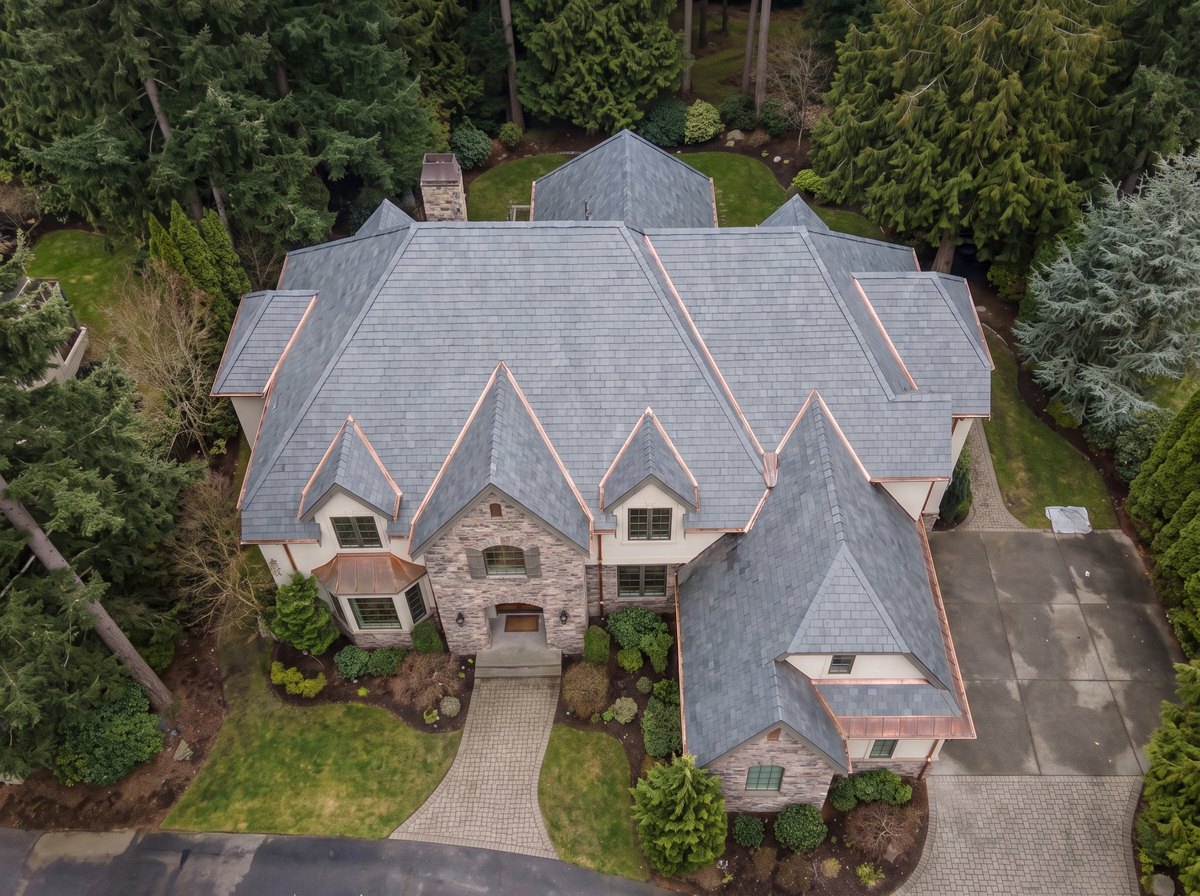 Overhead view of a finished natural slate roof