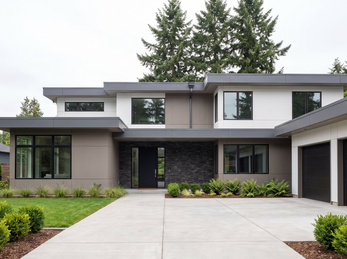 Completed low-slope roof with parapet coping on a modern Eastside home, seen from the driveway — representative example