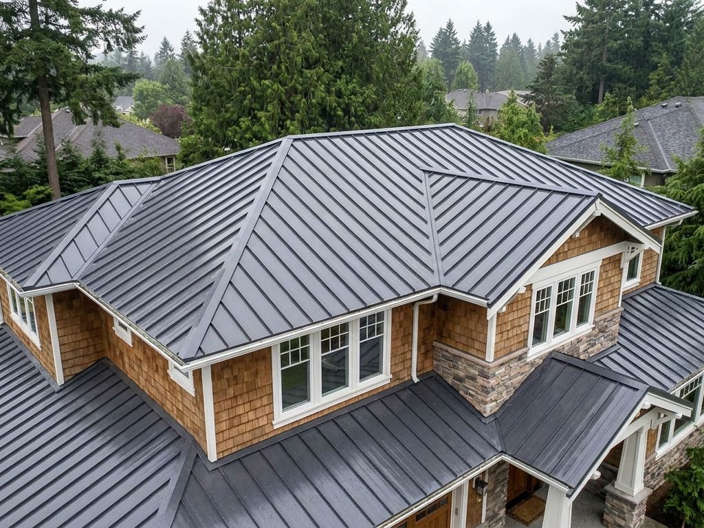 Completed standing seam metal roof on a large Eastside home, seen from the driveway — representative example