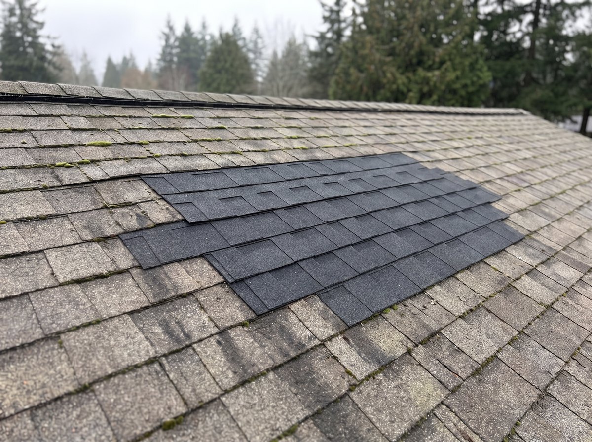 Close-up of a completed shingle repair — a new section of dark shingles set into an older weathered, mossy roof — representative example
