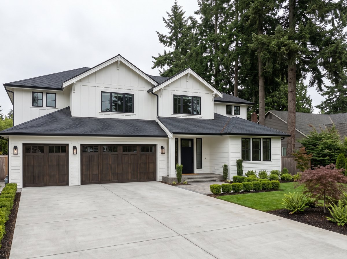 Charcoal architectural asphalt shingle roof on a white-sided Eastside home, seen from the driveway — representative example