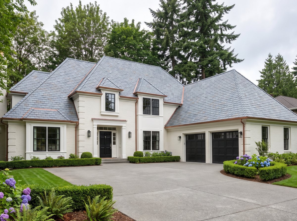 Completed natural slate roof with copper flashing on a large Eastside home, seen from the driveway — representative example