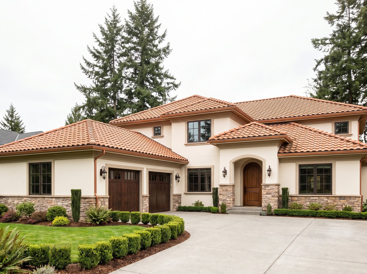 Completed concrete tile roof on a large Eastside home, seen from the driveway — representative example