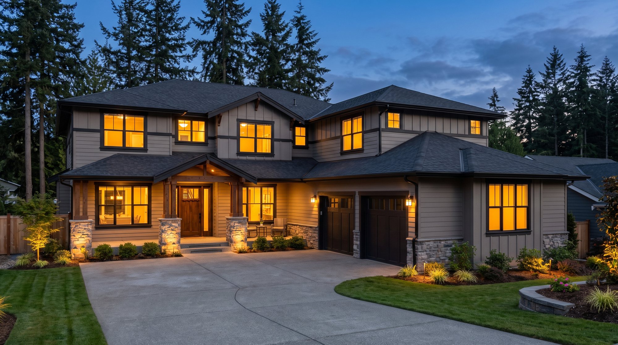 Vantek Roofing project home in Greater Seattle at dusk