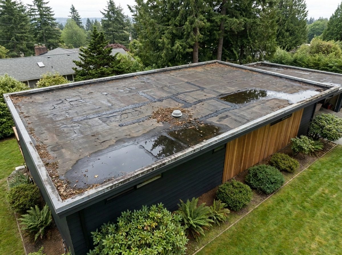 The the same roof before, cracked and blistered bitumen with patched seams and ponding water — representative example