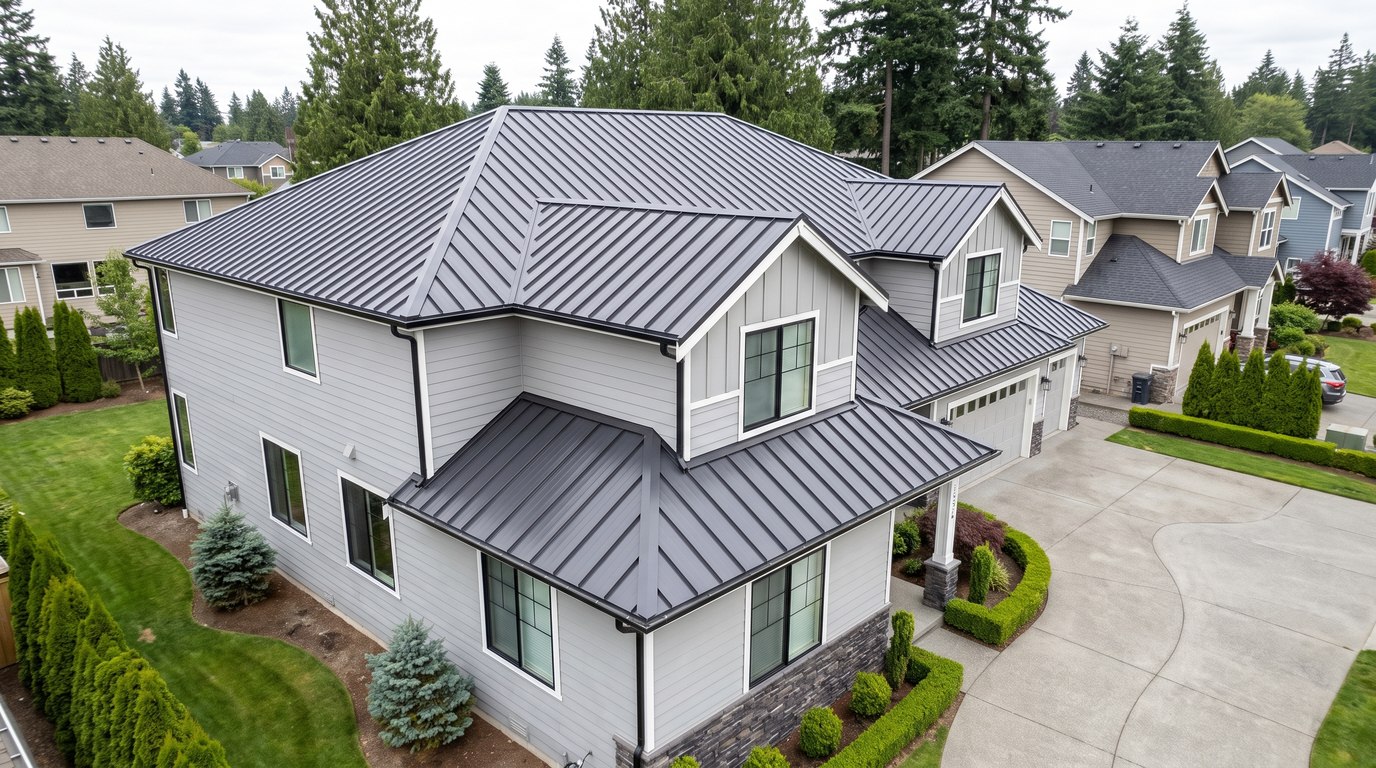 Aerial view of a charcoal standing seam metal roof on a two-story home