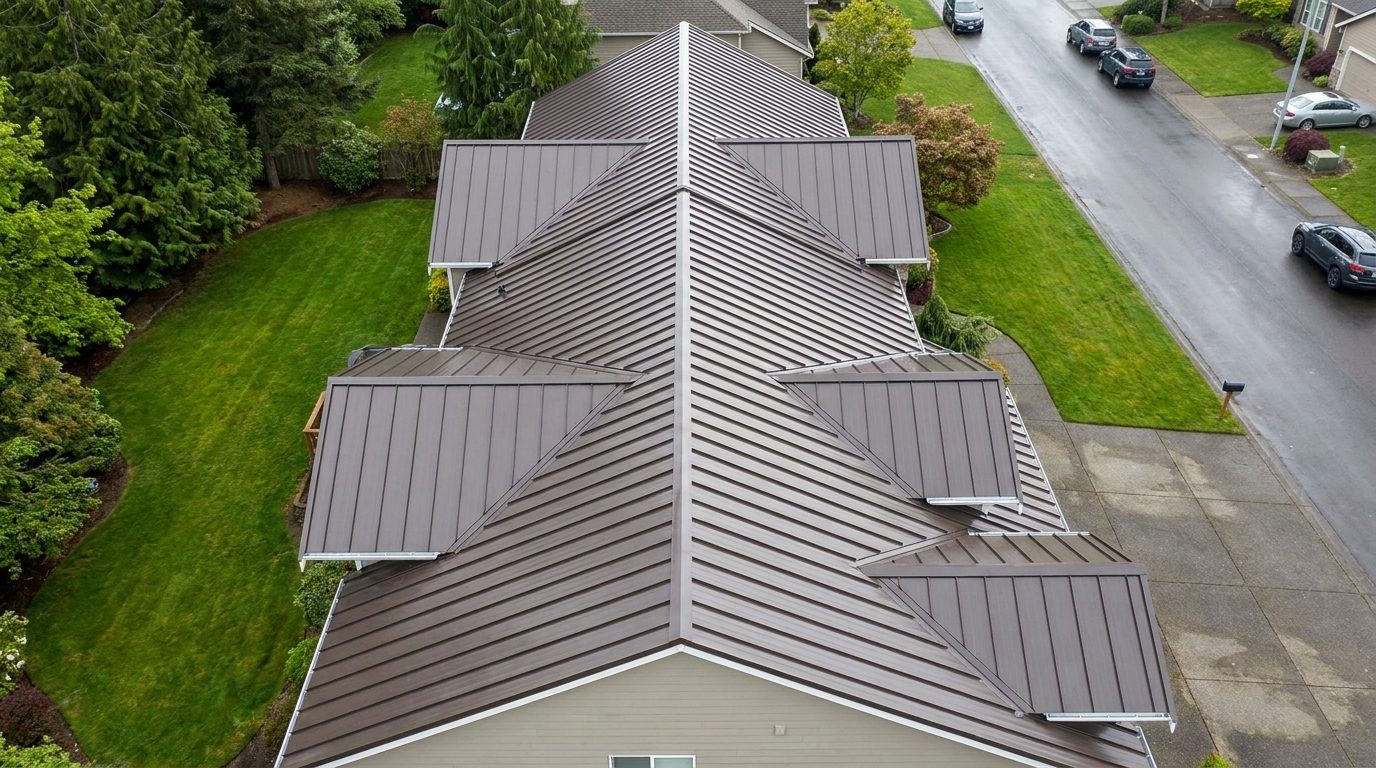 Aerial view of a bronze standing seam metal roof with multiple gables