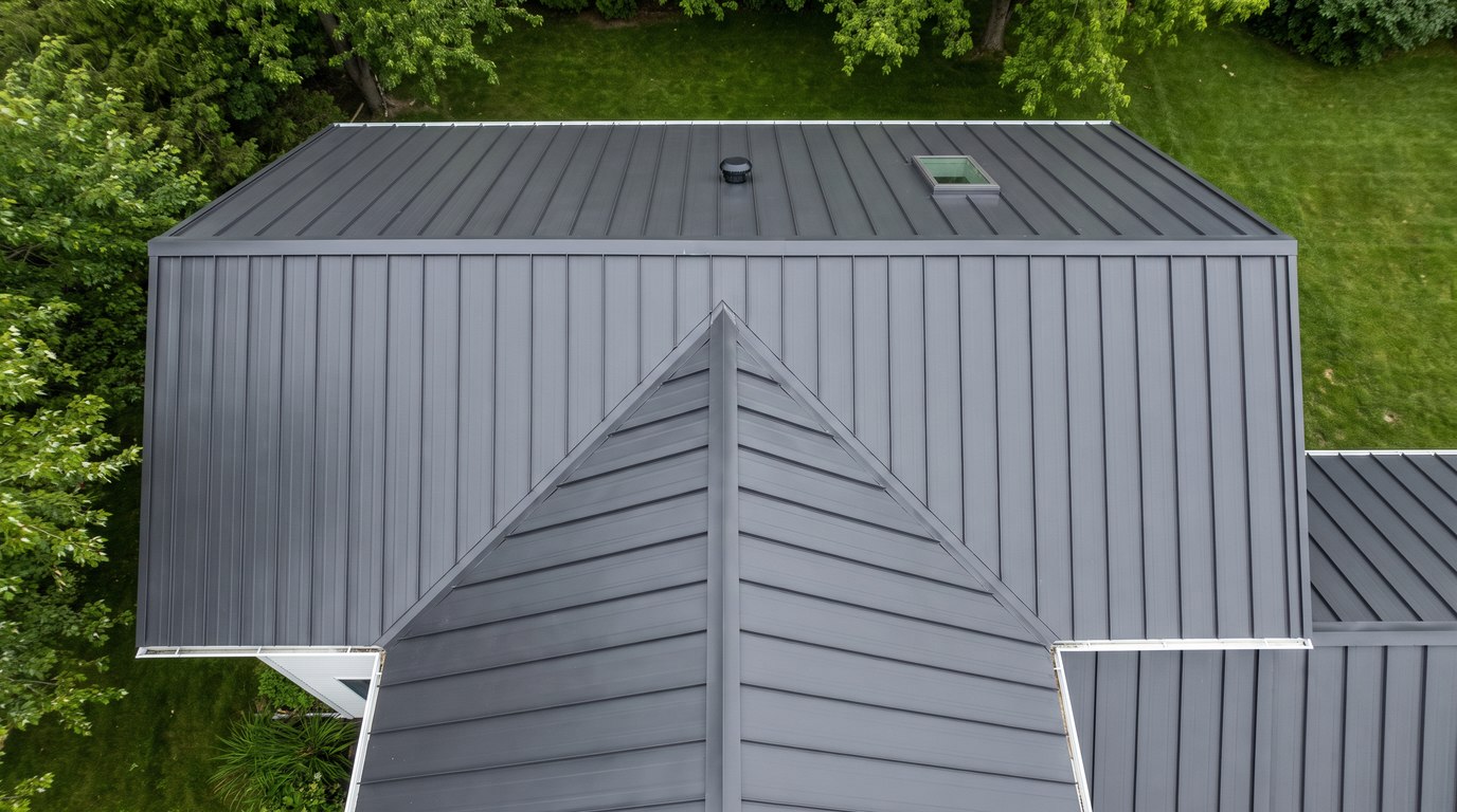 Close aerial view of standing seam panels meeting at a ridge and valley