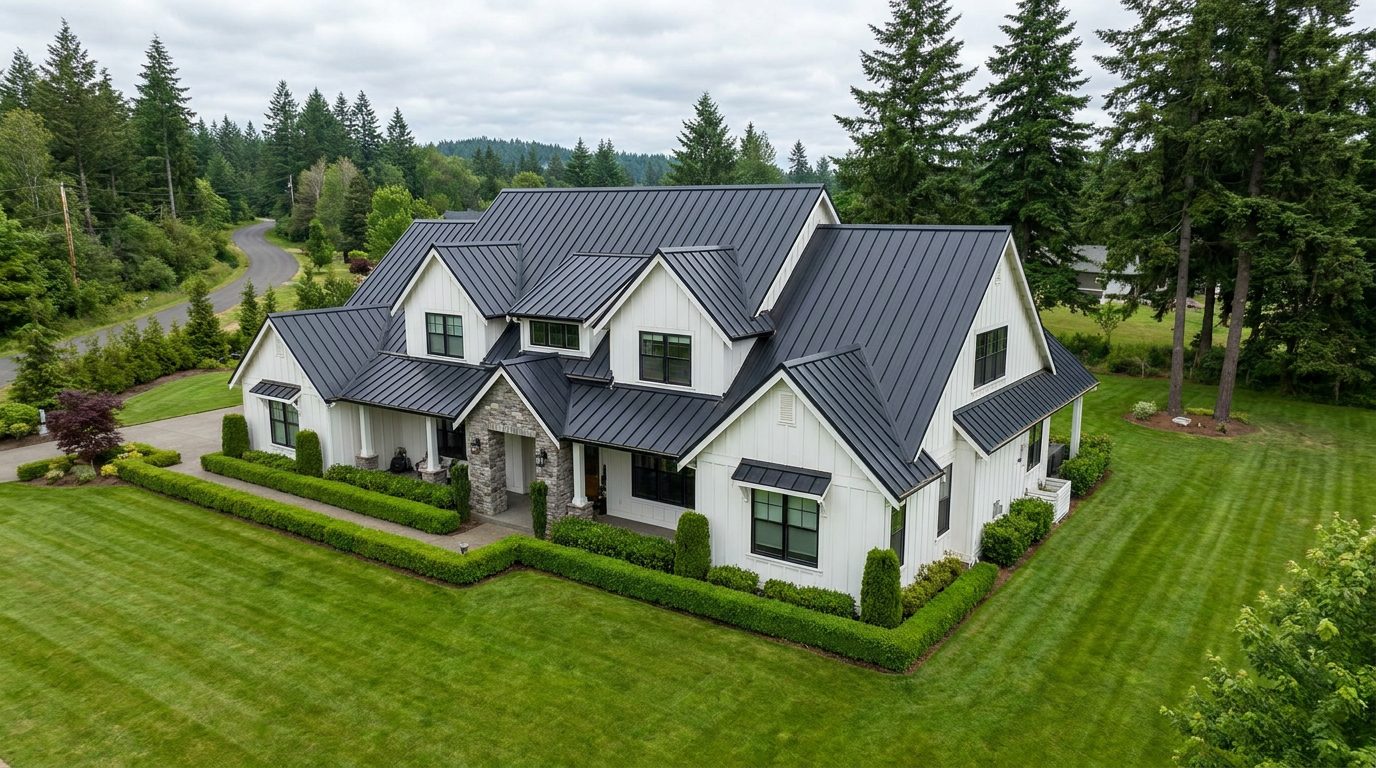 Black standing seam metal roof on a white board and batten home