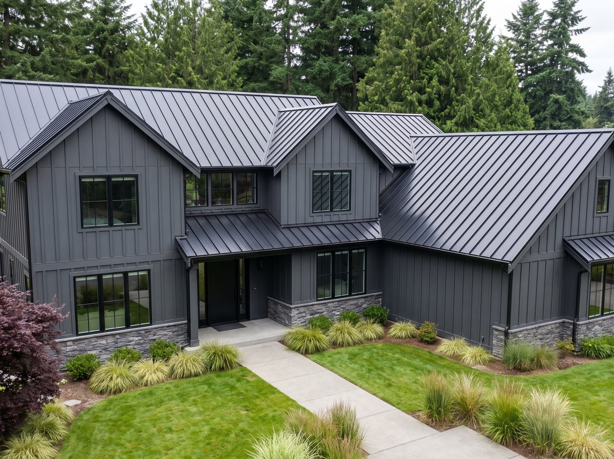 The same roof after: a new standing seam metal roof with unbroken seam lines and a clean vented ridge — representative example