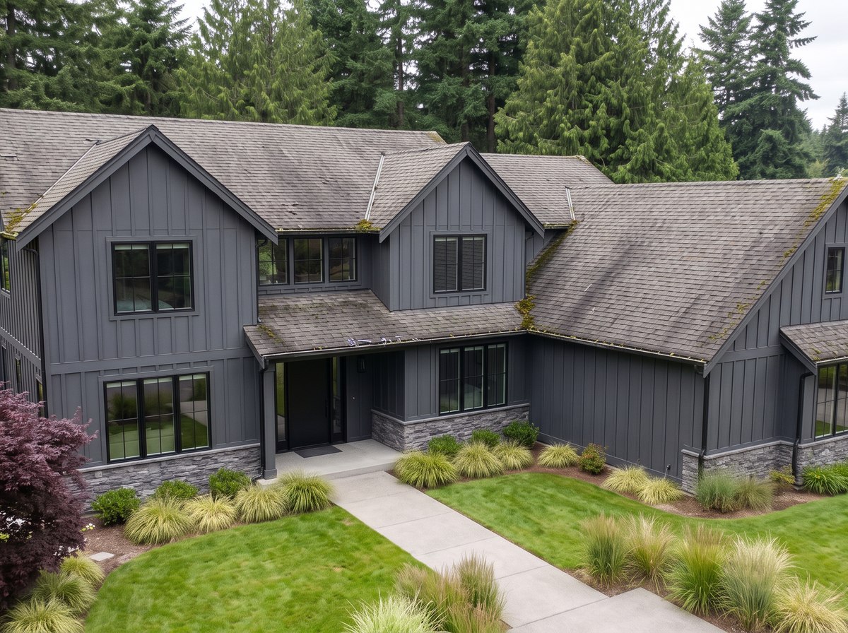 The same roof before: a worn composition roof with curling tabs, algae streaking and rusted vent flashings — representative example
