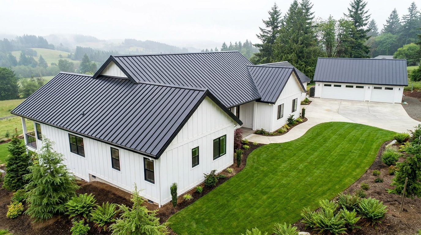 Black standing seam metal roof on a modern farmhouse with white board and batten siding