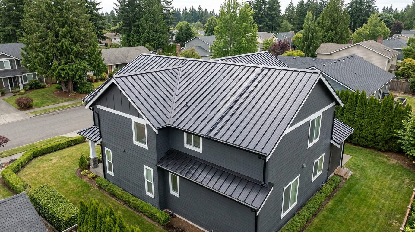 Black standing seam metal roof on a two-story home with dark charcoal lap siding