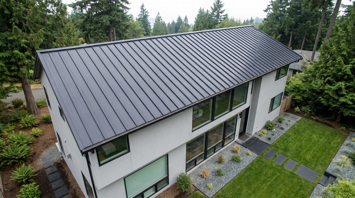 Matte black standing seam metal roof on a contemporary stucco home
