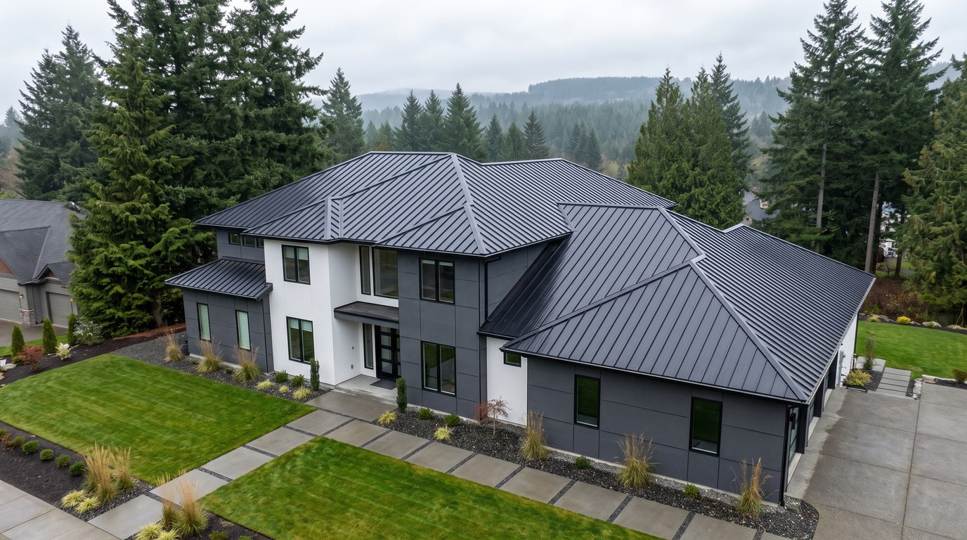 Black standing seam metal roof on a modern home with white stucco and charcoal panel siding