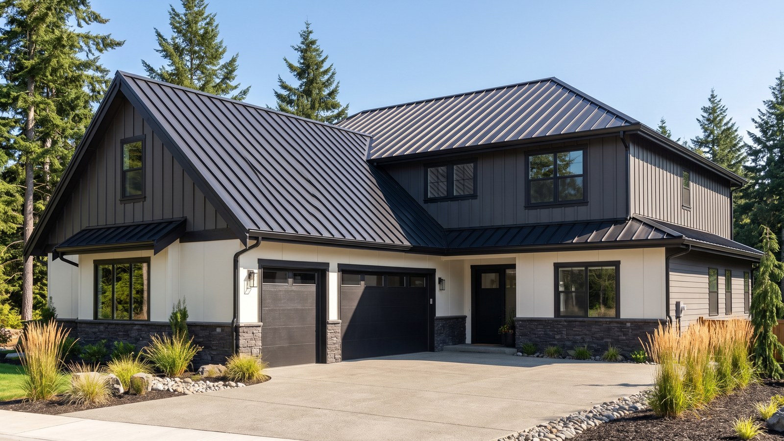 Matte charcoal standing seam metal roof on a modern Greater Seattle home, seen from the driveway