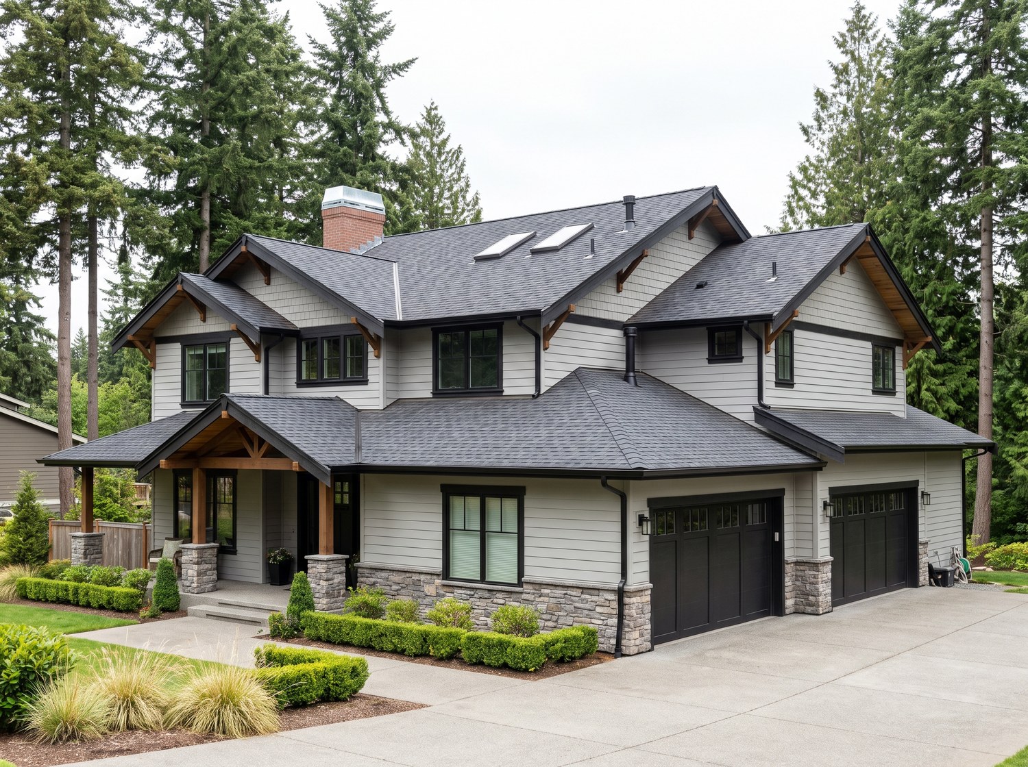 Charcoal architectural shingle roof with chimney flashing, skylights and pipe boot vents on a Greater Seattle home, seen from the driveway