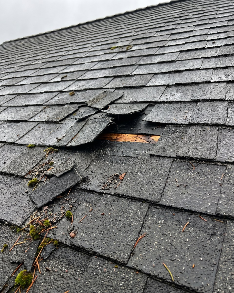 Before: storm-damaged shingles — tabs torn away and curled, exposing the felt and bare decking underneath