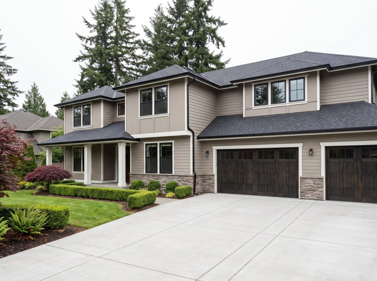 Completed residential reroof with new architectural shingles on a large Eastside home, seen from the driveway — representative example