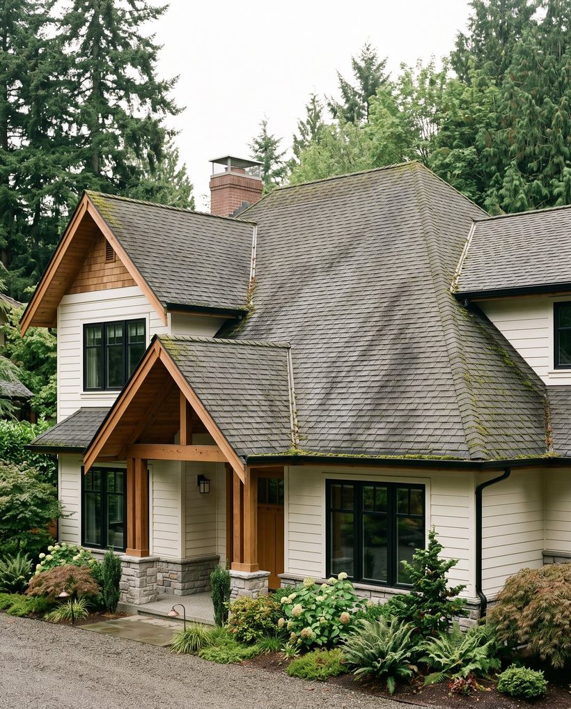 Representative example: a worn three-tab roof with cupped tabs and moss before tear-off