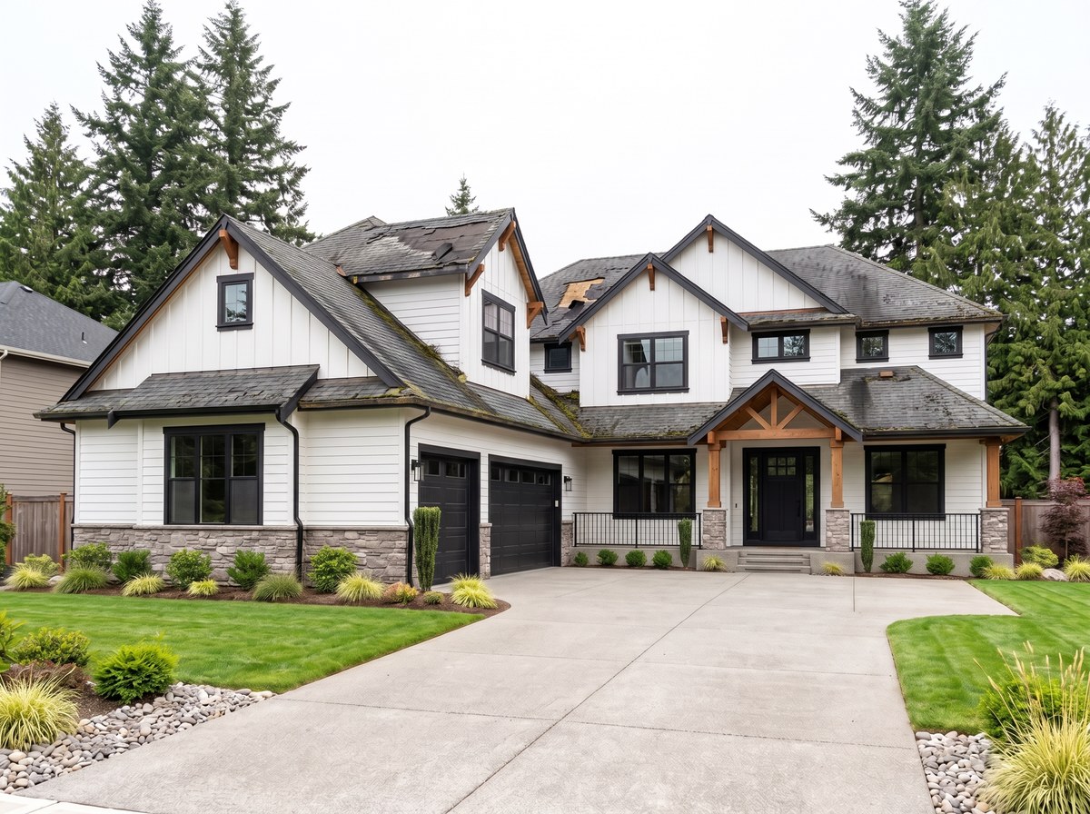The same home before: a worn-out asphalt shingle roof with heavy moss, algae streaking, curling tabs and a section of missing shingles exposing bare decking — representative example