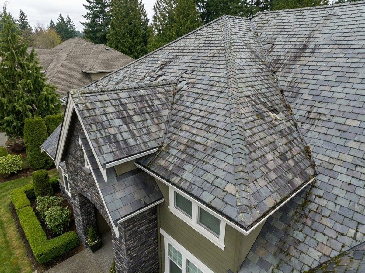 The the same roof before, with cracked and slipped tiles, moss in the courses and a sagging ridge &mdash; representative example