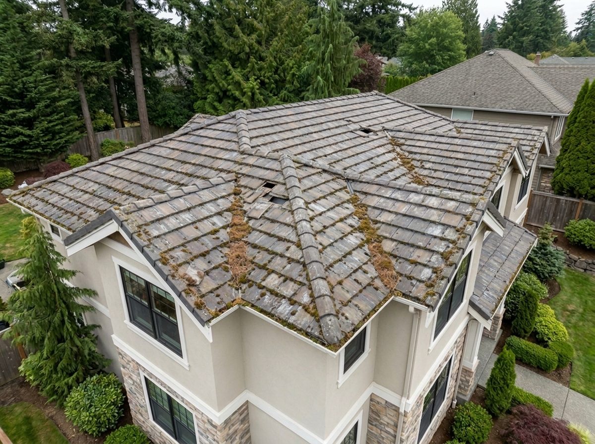 The the same roof before, with faded broken tiles, gaps showing the underlayment and debris in the valleys &mdash; representative example