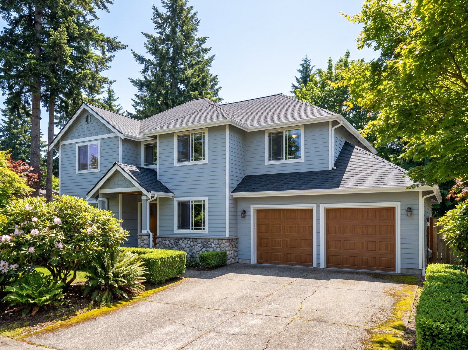 New charcoal shingle roof on a blue-gray traditional Pacific Northwest two-story with wood garage doors, seen from the driveway