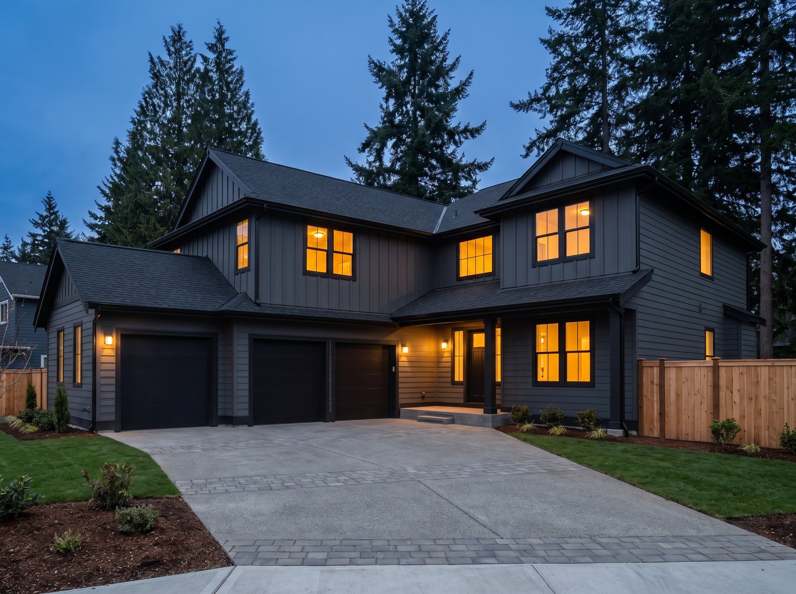 New charcoal shingle roof on a dark charcoal modern farmhouse with a three-car garage, seen from the driveway at dusk