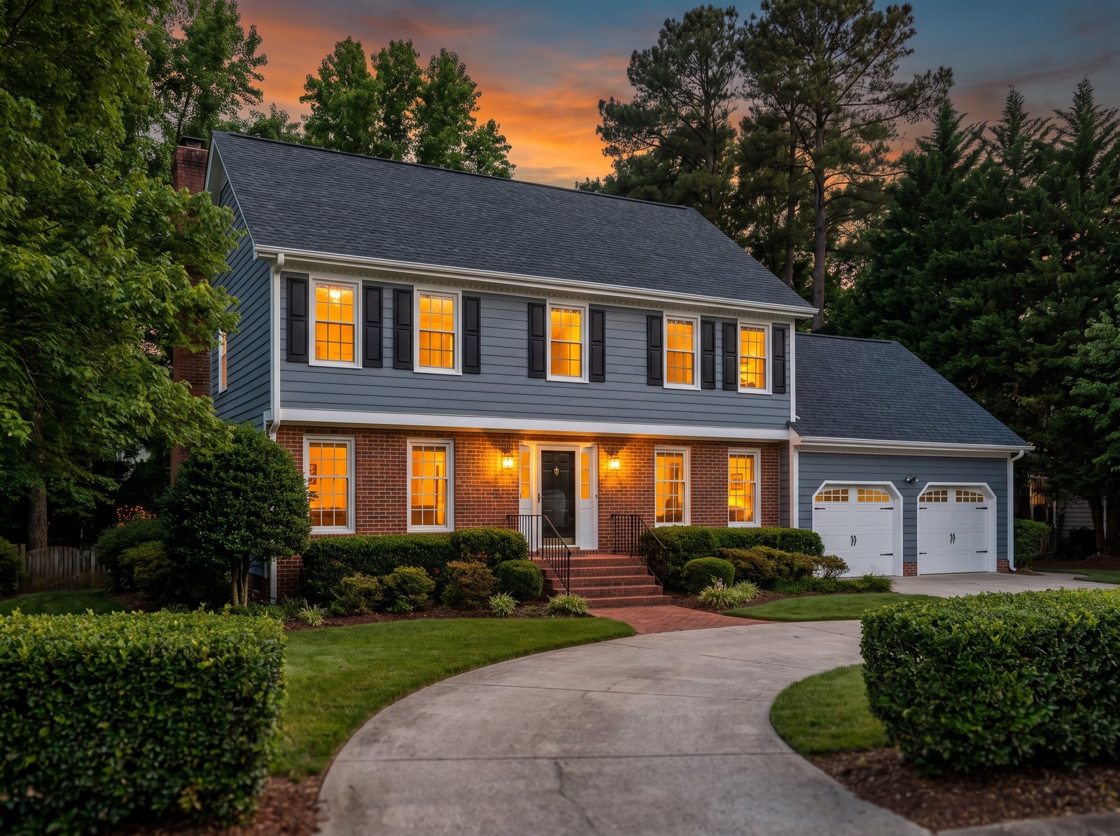New charcoal shingle roof on a slate blue colonial-style home with brick wainscot, seen from the driveway at sunset