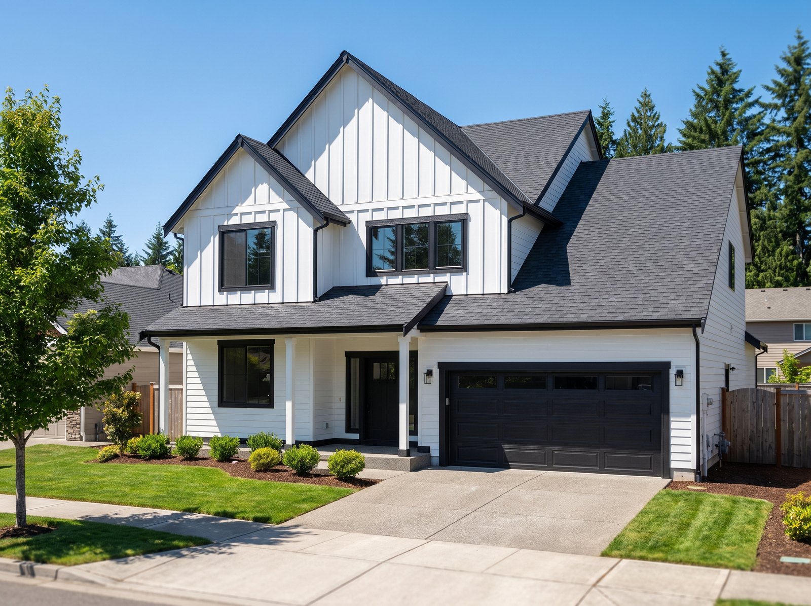 Charcoal architectural shingle roof on a white board-and-batten modern farmhouse in Greater Seattle, seen from the driveway