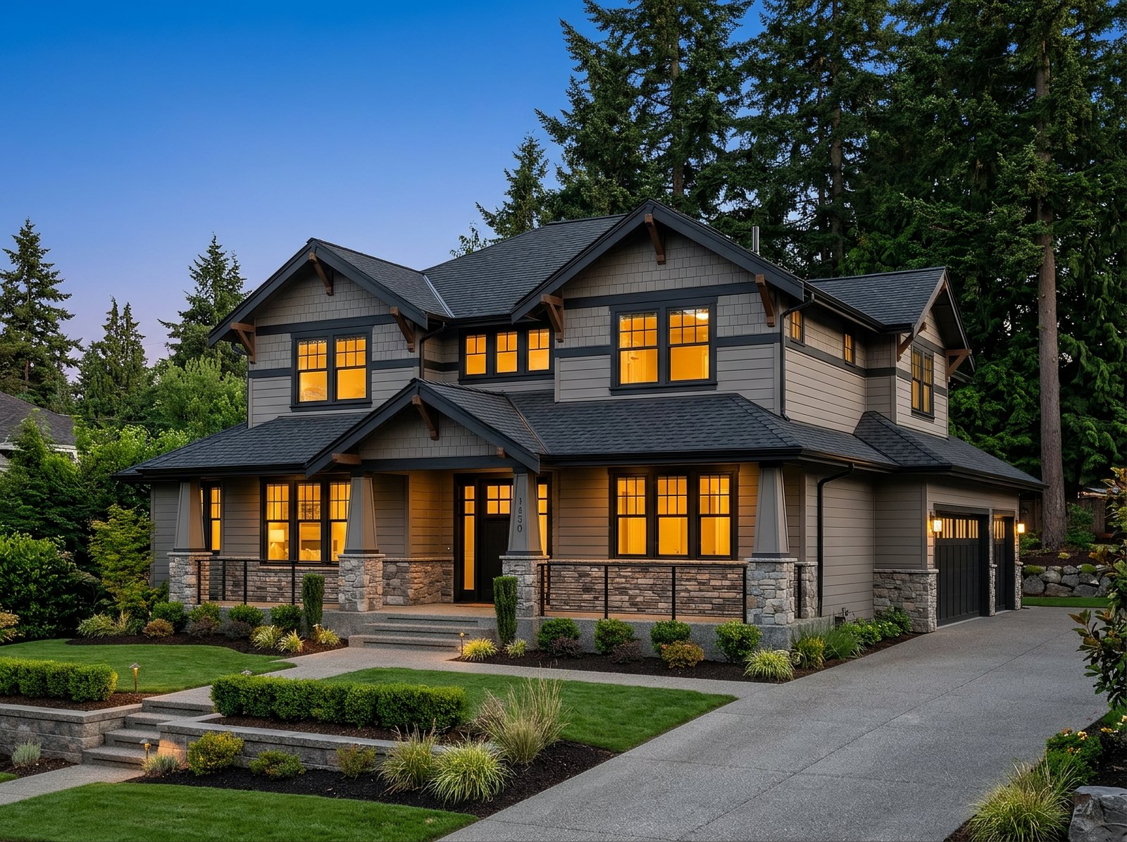 Charcoal Owens Corning TruDefinition Duration shingle roof on a large Northwest craftsman with stone columns and black trim, seen from the driveway at dusk