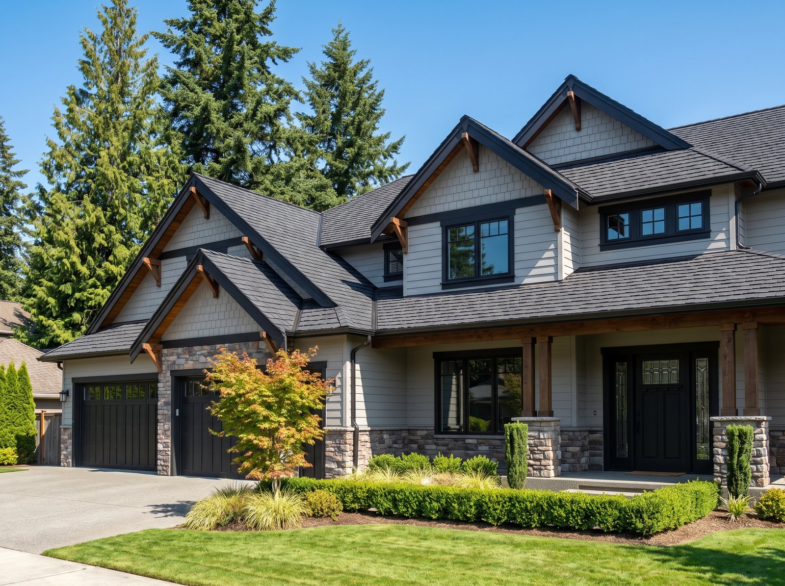 Charcoal Presidential Shake TL luxury asphalt shingle roof on a gray Northwest craftsman with stone veneer and black trim, seen from the driveway
