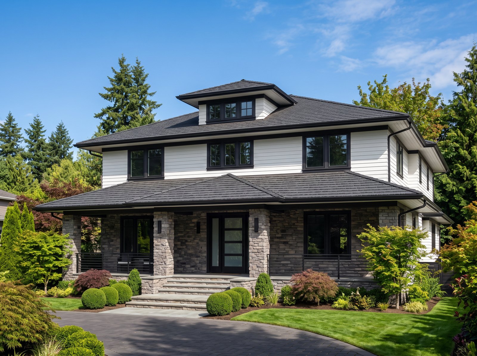 Charcoal CertainTeed Presidential Shake TL asphalt shingle roof on a white prairie-style home with stone columns and black trim, seen from the driveway