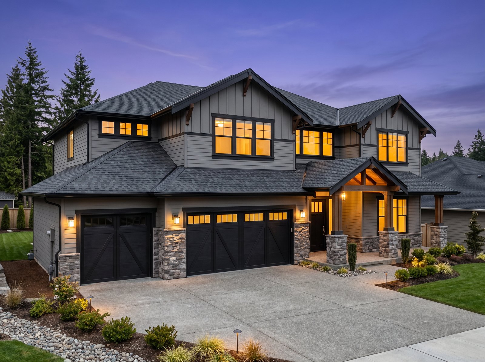 Charcoal GAF Timberline HDZ architectural shingle roof on a gray modern craftsman with stone veneer and black trim, seen from the driveway at dusk