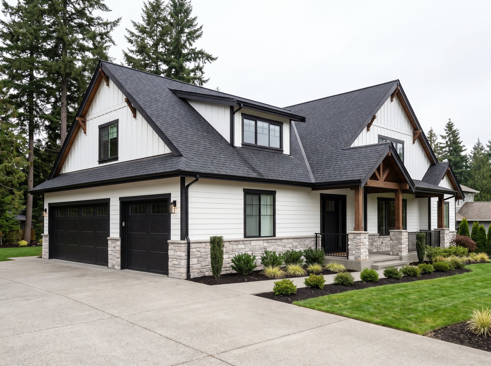 Charcoal GAF Timberline HDZ architectural shingle roof on a white board-and-batten home with stone wainscot and black trim, seen from the driveway